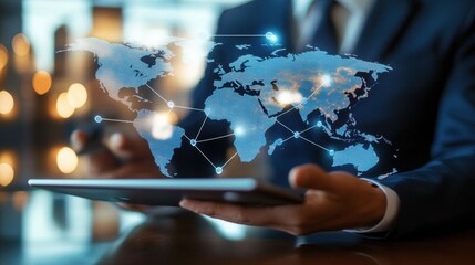 A businessman interacts with a digital tablet displaying a global map, emphasizing connectivity and technology in the modern world.