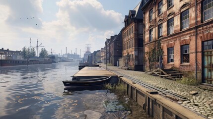 European Canal Side with Boats and Brick Buildings