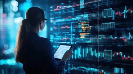 A professional analyzing data on a tablet against a digital screen displaying complex financial graphs and metrics.