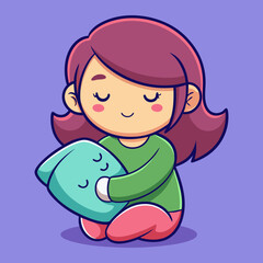 Download Cute Sleepy Girl Holding Pillow Cartoon Vector Icon Illustration Eps File For Design.