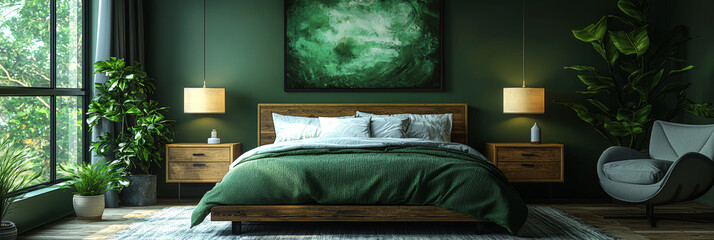 A modern bedroom with a green color scheme, featuring a large bed, a comfortable chair, and lush plants.