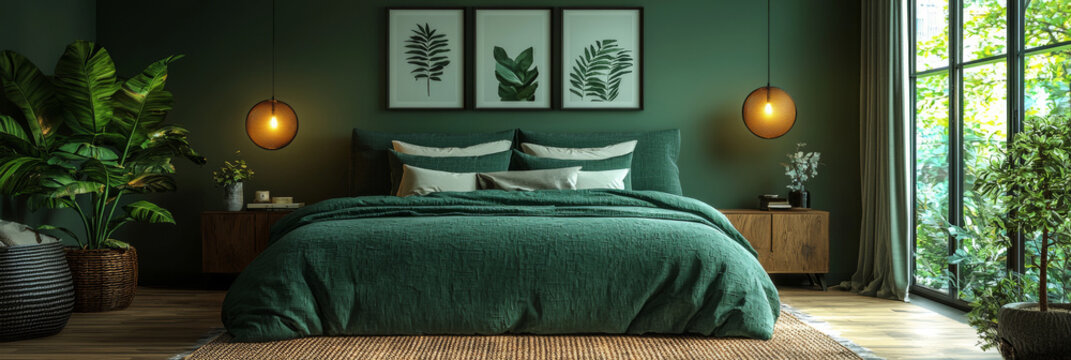 A lush green bedroom with a large bed and leafy plants.
