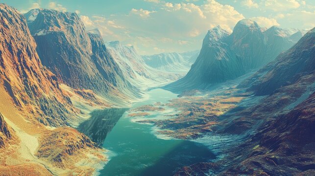 Futuristic landscape, a river passing through a valley and ending between two mountains, realistic style, panoramic view, 8k illumination, 600dpi