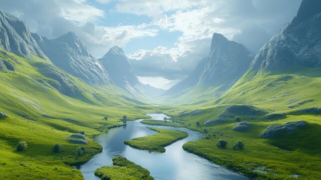 Futuristic landscape, a river passing through a valley and ending between two mountains, realistic style, panoramic view, 8k illumination, 600dpi