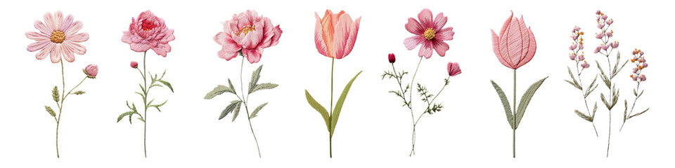 cute pink flower embroidery style png cut out element set