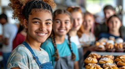 A group of primary school students gathers during the holiday, working together to make snacks with care, ready to share with people in the community, showing their kindness and generosity.