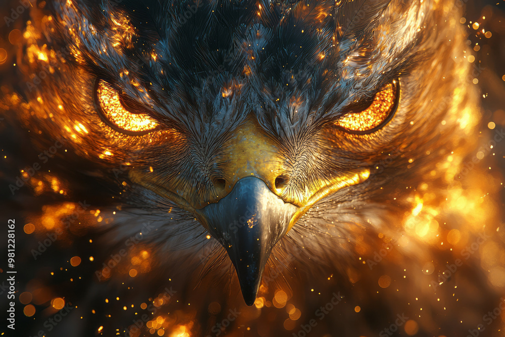 Poster A close-up of a hawkâ€™s face, with intricate, glowing light patterns swirling around its sharp beak and intense eyes,