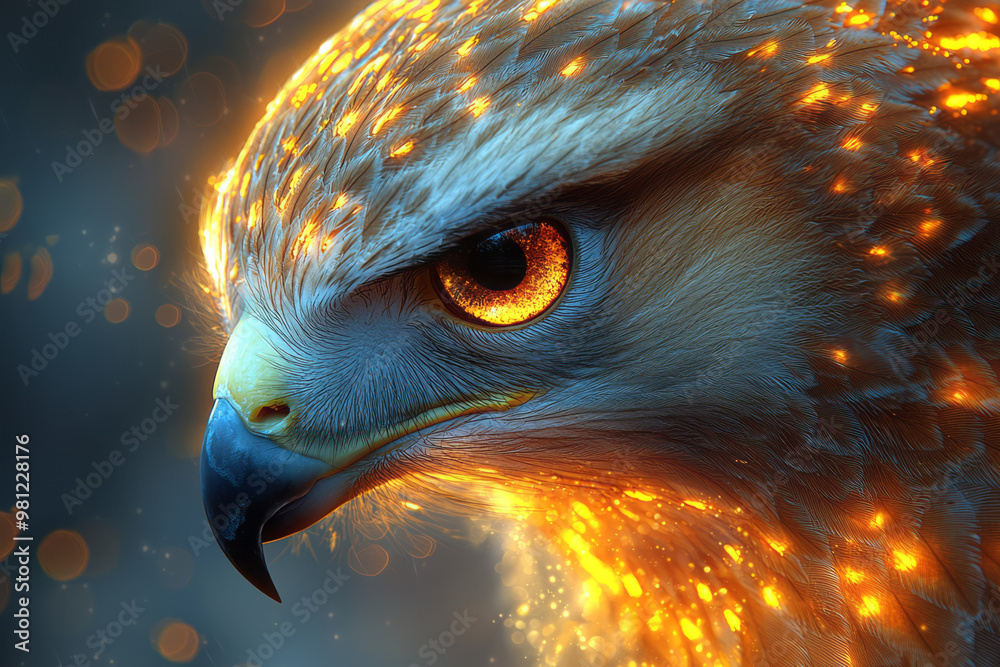 Poster a close-up of a hawkâ€™s face, with intricate, glowing light patterns swirling around its sharp beak