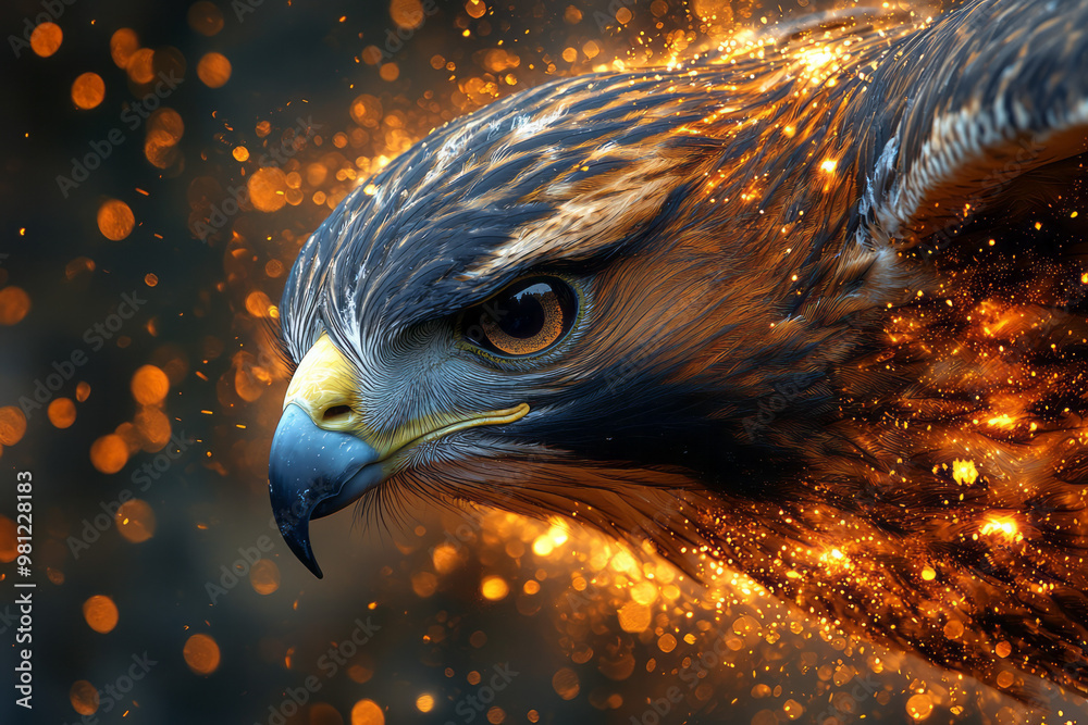 Poster A close-up of a hawkâ€™s face, with intricate, glowing light patterns swirling around its sharp beak and intense eyes,