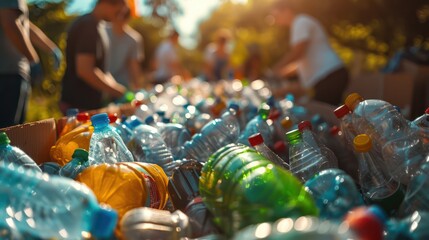 volunteers are sorting plastic bottles at the recycling bins in the public park on a sunny day, raising awareness about the importance of recycling.