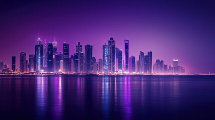 Obraz premium Stunning city skyline at night with colorful reflections on water, showcasing modern architecture and vibrant lights.