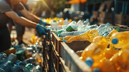 volunteers are sorting plastic bottles at the recycling bins in the public park on a sunny day, raising awareness about the importance of recycling.