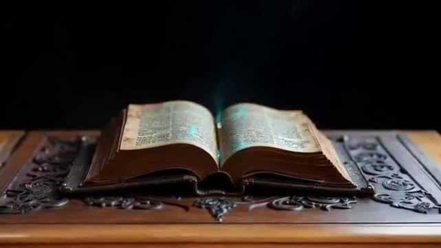 open book on black background, magical manuscript, light effects come from the pages