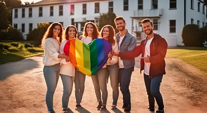 People holding the LGBT rainbow heart.