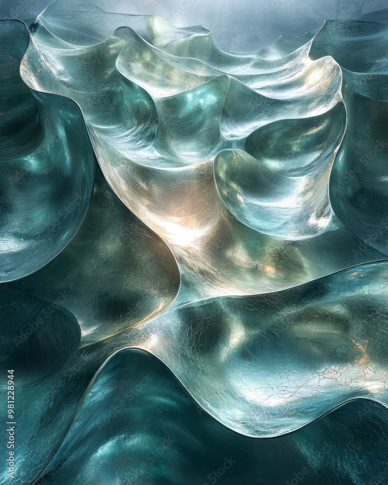 Poster a metallic surface shaped like a wave, with soft light reflections in shades of blue and green movin