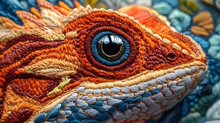 Fototapeta premium Close-up Detailed Texture of a Multicolored Embroidered Reptile Eye - Colorful Threads - Detailed Macro Photography - Needlepoint - Artwork