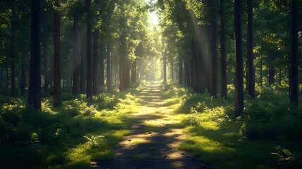 Fototapeta premium Sun Rays Through The Trees - A Mystical Forest Path - 3D Render.