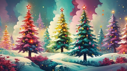 Abstract colorful painting of christmas trees. Made with generative AI technology