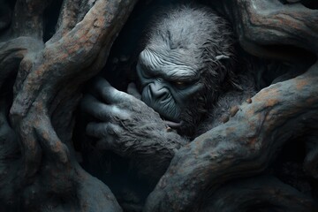 Fototapeta premium A mythical stone-troll figure partially obscured by twisted, gnarled tree branches. The troll has a rugged, stone-like texture and an intense, imposing expression.