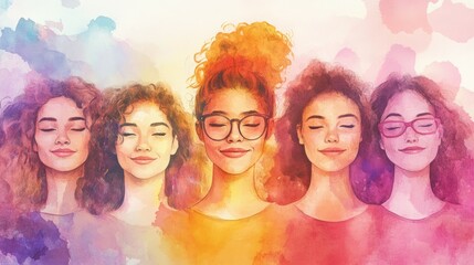 Five women with their eyes closed,  relaxed and at peace. international women's day