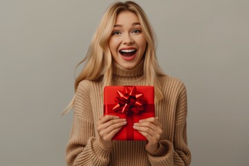 A happy woman in a cozy sweater holds a gift box with a red bow, showing joy. Possibly celebrating a special occasion, she exudes excitement and delight, radiating happiness and positive emotions