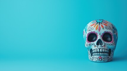 A clean, modern sugar skull with minimal decoration on a flat, solid background, creating room for text around it.
