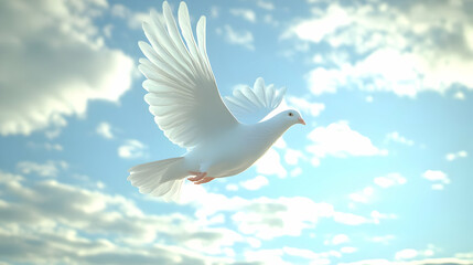 Fototapeta premium 3D White Dove in Flight Against Plain Sky: Symbol of Freedom & Hope, Ideal for Janeiro Branco Positivity Messaging with Large Copy Space