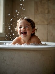 Child enjoying a bubble bath with laughter and joy.