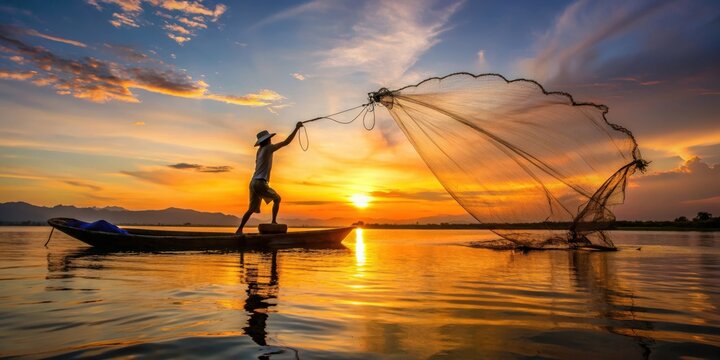 Silhouetted Thai fisherman throwing nets from boat at sunset in river, sunset, Thailand, fisherman, fishing, nets