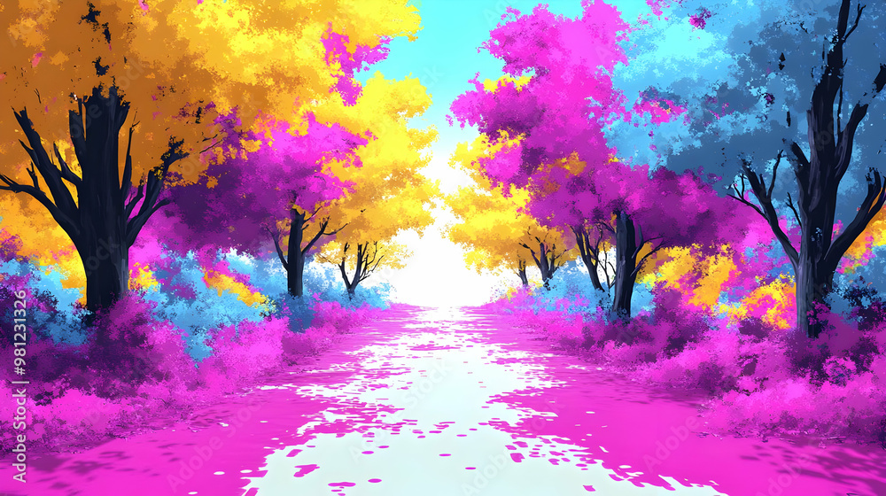 Canvas Prints Vibrant Forest Path: Yellow, Pink, and Blue Hues