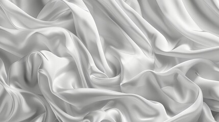 Fototapeta premium White silk satin fabrics float gracefully, their smooth surfaces creating gentle waves and folds that catch the light beautifully. The textures are soft and inviting