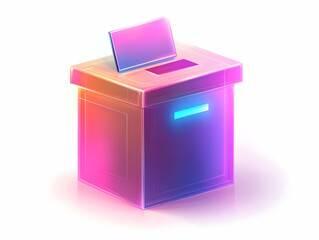 Flat Holographic Ballot Box with Floating Policy Icons: Close-Up of Glowing Box Showcasing Political Issues - Ideal for Election Messaging on Clean White Background