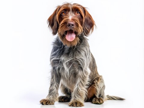 Adorable wirehaired pointing griffon dog displays a hilarious, comical expression with its tongue out, sitting on a plain white background with a playful demeanor.