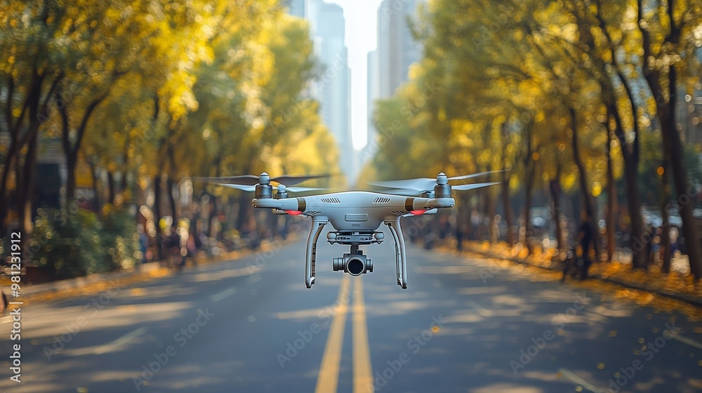 Poster machine learning algorithms optimize drone routes through city streets during autumn foliage