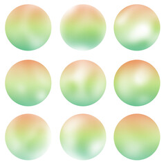 Collection of shiny ball shapes with transparent gradient colors and noise texture.