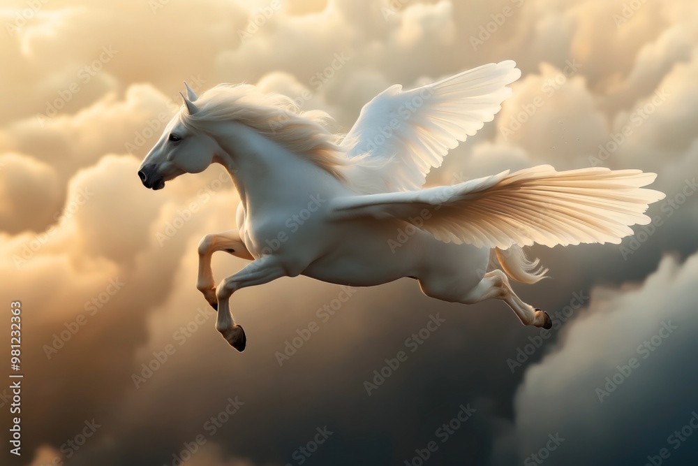 Poster A beautiful illustration of Pegasus, the mythical winged horse from Greek mythology, flying gracefully through the clouds during a sunset or sunrise.