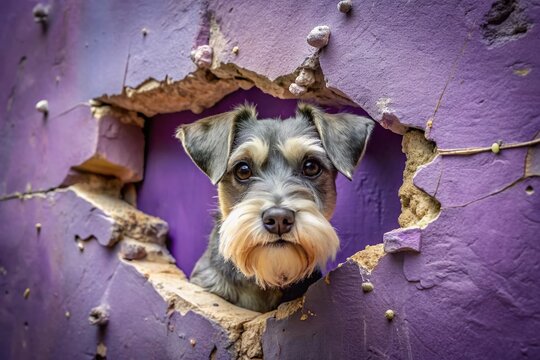 Intriguing miniature Schnauzer peeks through hole in vibrant purple wall, ears perked, whiskers twitching, surrounded by crumbling plaster and scattered debris.