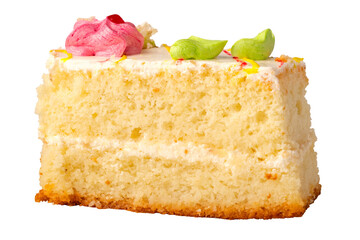 A piece of cake with whipped cream and buttercream decoration. Isolated object on transparent background