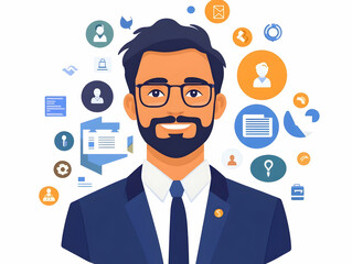 Flat Politician Avatar with Holographic Policy Icons - Close-Up Vector Illustration Showcasing Candidate's Platform in a Smart Business Tone