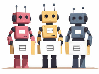 Flat Nano Robot Campaign Canvassers Concept: Macro Shot of Nano Scale Robots Interacting with Voter Data on White Background - Simple Vector Illustration