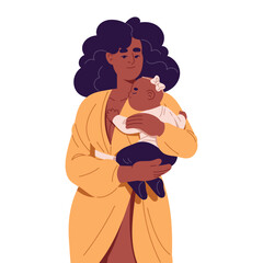Happy mother holds cute baby in hands. Joyful black mom hugs newborn daughter. African American woman loves her infant. Parent cuddles kid, child. Flat isolated vector illustration on white background