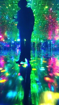 Silhouette woman or man dancing in disco club 70s or 80s theme, vibrant disco dance floor, neon colors, mirrored walls, colorful lights, retro vibe, globe light, boomboxes, disco balls Vintage retro 