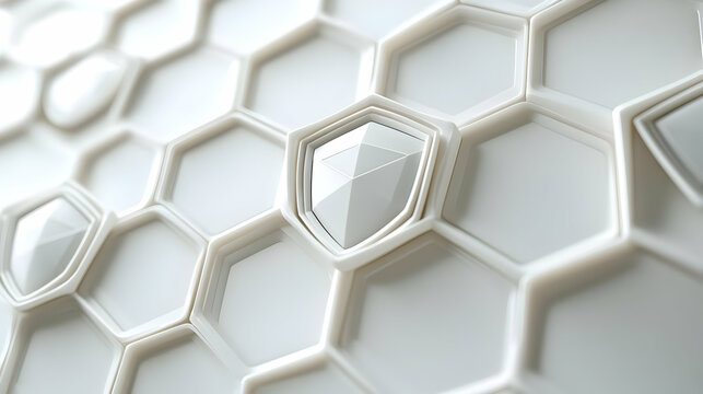 3D Integrity Shield Icons Constellation Concept: Minimal Design Rotating Around Interconnected Shields on Isolated White Background for Election Security Messaging