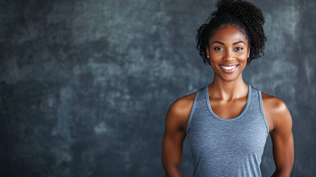 Strong and determined woman in sportswear exudes confidence and joy, inspiring fitness aspirations against grey backdrop