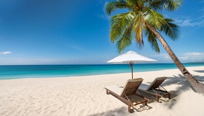 Serene Beach Scene With Palm Tree and Sun Loungers on a Sunny Day