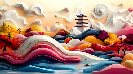 Layered Paper Art Landscape with Pagoda and Autumn Trees