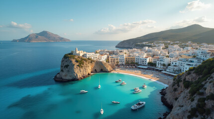 Obraz premium Stunning Ibiza Coastal Towns and Beaches: Mediterranean Island Paradise with Crystal Clear Waters and Luxurious Yachts - Perfect for Summer Vacations and Travel Photography