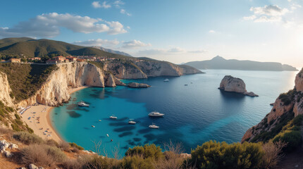 Fototapeta premium Stunning Ibiza Coastal Towns and Beaches: Mediterranean Island Paradise with Crystal Clear Waters and Luxurious Yachts - Perfect for Summer Vacations and Travel Photography