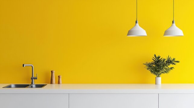 Pastel yellow kitchen with minimalistic white countertops and industrial pendant lights, colorful kitchen interior, modern industrial design