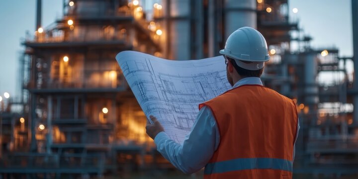 An engineer studies blueprints at a construction site during twilight, highlighting project planning.